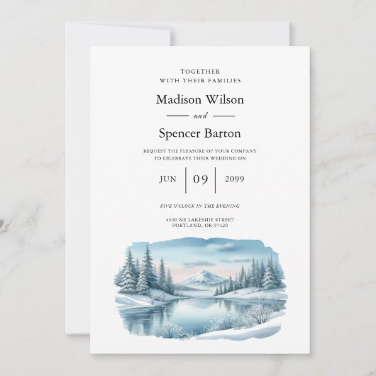 Snowy Mountain Winter Lake Wedding Einladung (Vorderseite)