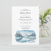Snowy Mountain Winter Lake Wedding Einladung (Stehend Vorderseite)