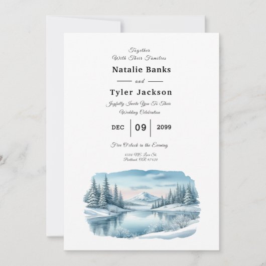 Snowy Mountain Winter Lake Wedding Einladung (Vorderseite)
