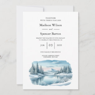 Snowy Mountain Winter Lake Wedding Einladung