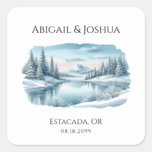 Snowy Mountain Winter Lake Wedding Quadratischer Aufkleber