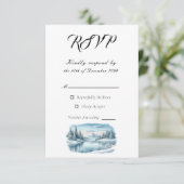 Snowy Mountain Winter Lake Wedding RSVP Karte (Stehend Vorderseite)