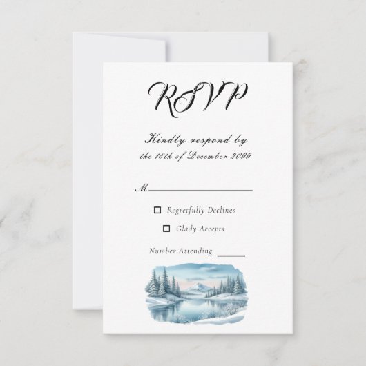 Snowy Mountain Winter Lake Wedding RSVP Karte (Vorderseite)