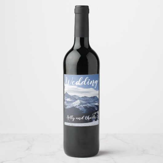 Snowy Mountains Szene Hochzeit Weinetikett (Vorderseite)