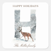 Snowy Mountains Woodland Animals Holiday Monogram Quadratischer Aufkleber (Vorderseite)