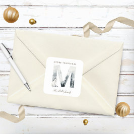 Snowy Mountains Woodland Animals Holiday Monogram Quadratischer Aufkleber