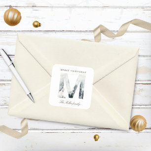 Snowy Mountains Woodland Animals Holiday Monogram Quadratischer Aufkleber