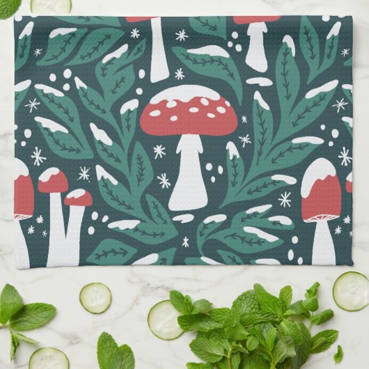 Snowy Mushroom Weihnachtsküche Handtücher (Gefaltet)