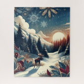 Snowy Night Moose Forest Mountains Boho Pattern Puzzle (Vertikal)