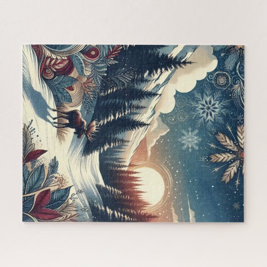 Snowy Night Moose Forest Mountains Boho Pattern Puzzle (Horizontal)