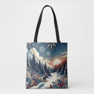 Snowy Night Moose Forest Mountains Boho Pattern Tasche