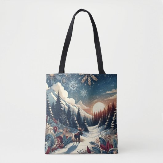 Snowy Night Moose Forest Mountains Boho Pattern Tasche (Vorderseite)