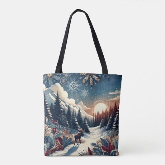 Snowy Night Moose Forest Mountains Boho Pattern Tasche (Rückseite)