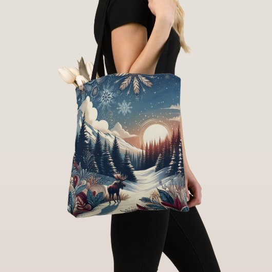 Snowy Night Moose Forest Mountains Boho Pattern Tasche (Von Nahem)