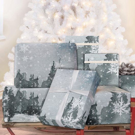 Snowy Night Sky Winterwald Schneeflocken Geschenkpapier
