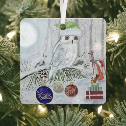 Snowy Owl and Friends on Christmas Eve Ornament Aus Metall (InSitu)