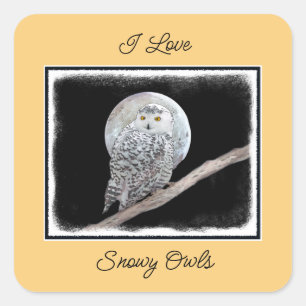 Snowy Owl and Moon Painting - Original Bird Art Quadratischer Aufkleber