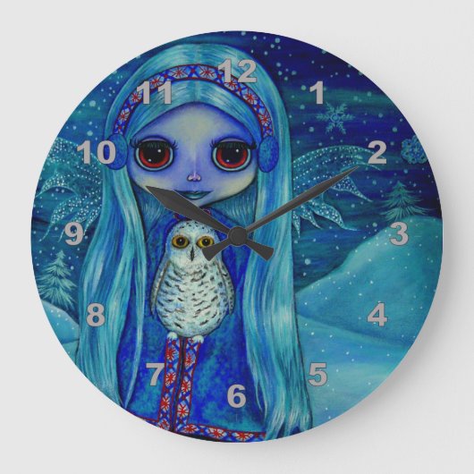 Snowy Owl Fairy Magical Winter Snowflakes Nursery Große Wanduhr (Vorderseite)