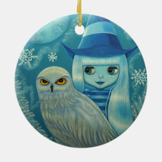 Snowy Owl Hexe Winterwunderland Dreamy Grosses Aug Keramik Ornament (Hinten)