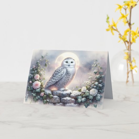 Snowy Owl in Moonlit Winter Garden Karte (Gelbe Blume)