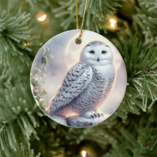 Snowy Owl in Moonlit Winter Garden Keramik Ornament (Baum)