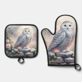 Snowy Owl in Moonlit Winter Garden Ofenhandschuh & Topflappen-Set (Vorderseite)