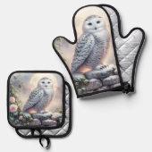 Snowy Owl in Moonlit Winter Garden Ofenhandschuh & Topflappen-Set (Vorderseite/Rückseite)