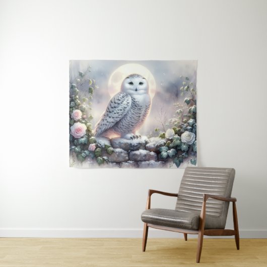 Snowy Owl in Moonlit Winter Garden Wandteppich (Beispiel (Horizontal))