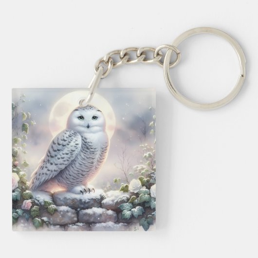 Snowy Owl in Moonlit Wintergarten Schlüsselanhänger (Rückseite)