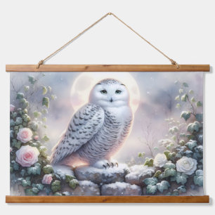 Snowy Owl in Moonlit Wintergarten Wandteppich Mit Holzrahmen