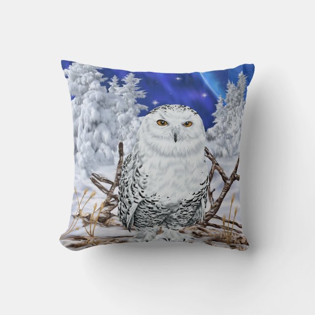 Snowy Owl in Snow Dark Blue Sky Kissen (Vorderseite)