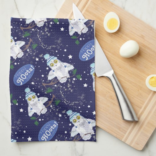 Snowy Owl mit Hat Happy Hoots Pattern Weihnachten Geschirrtuch (Viertel Falte)