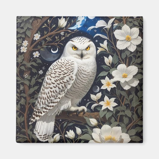 Snowy Owl Moonlight Moonblumen Magnet (Vorne)