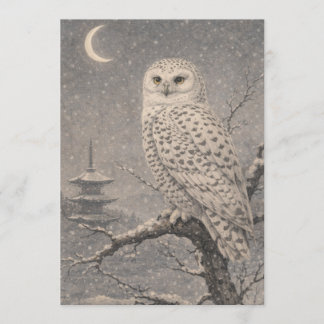 Snowy Owl Postcard, Japanese Pagoda Moon Scene Einladung