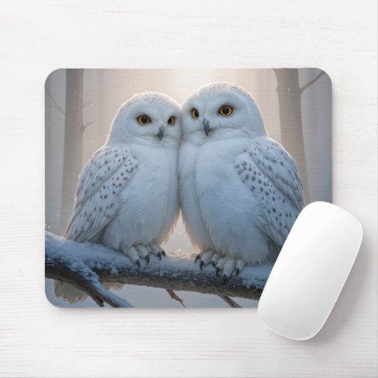 Snowy Owls On a Winter Branch Mousepad (Mit Mouse)