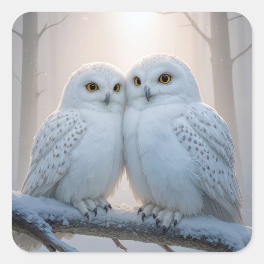 Snowy Owls On a Winter Branch Quadratischer Aufkleber (Vorderseite)