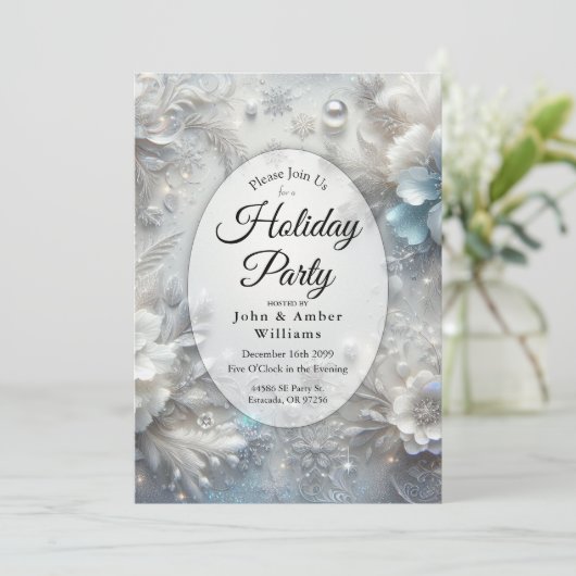 Snowy Petals in Frozen Bloom Holiday Party Einladung (Stehend Vorderseite)