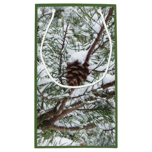 Snowy Pine Cone II Winterlandfotografie Kleine Geschenktüte (Rückseite)