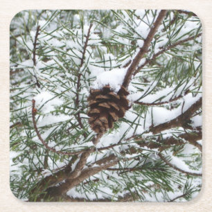 Snowy Pine Cone II Winterlandfotografie Rechteckiger Pappuntersetzer
