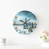Snowy pine trees near a lake große wanduhr (Zuhause)