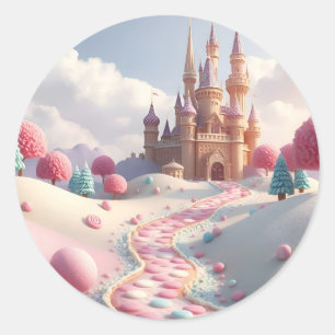 Snowy Pink Candy Land Fairy Castle Runder Aufkleber