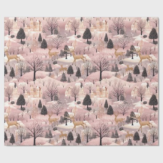Snowy Pink Deer Forest Geschenkpapier (Flach)