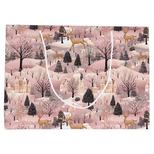 Snowy Pink Deer Forest Große Geschenktüte (Rückseite)