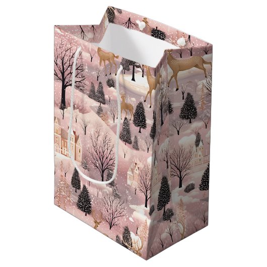Snowy Pink Deer Forest Mittlere Geschenktüte (Vorderseite Schrägansicht)
