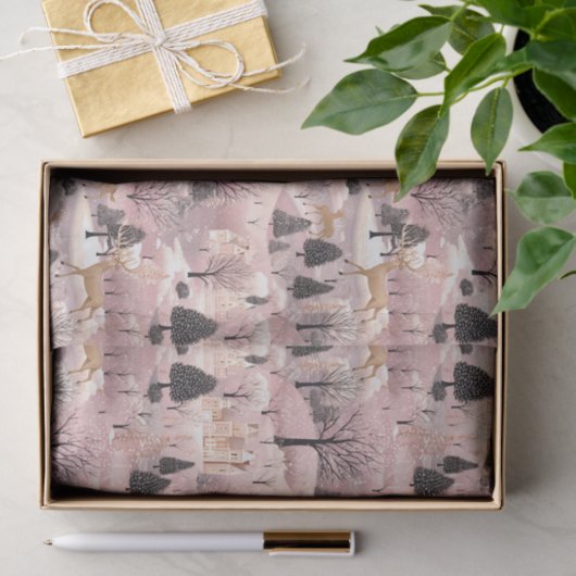 Snowy Pink Deer Forest Seidenpapier (Geschenk)