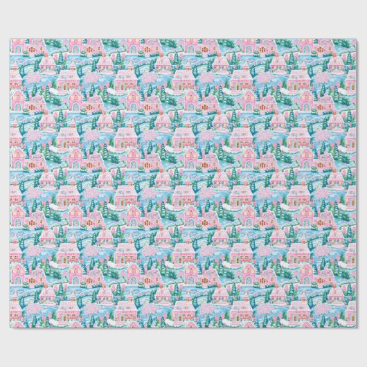 Snowy Pink und Blue Christmas Gingerbrett Stadt Geschenkpapier (Flach)
