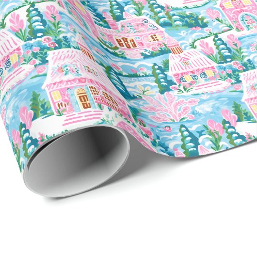 Snowy Pink und Blue Christmas Gingerbrett Stadt Geschenkpapier (Rolleneckpunkt)