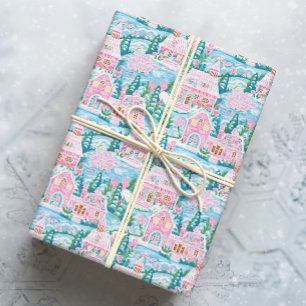 Snowy Pink und Blue Christmas Gingerbrett Stadt Geschenkpapier