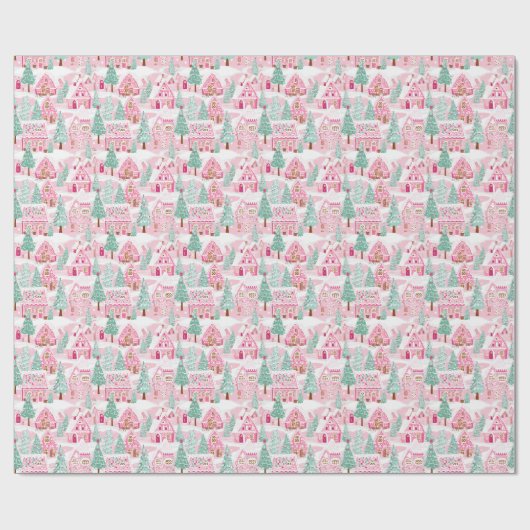 Snowy Pink und Green Christmas Gingerbrett Stadt Geschenkpapier (Flach)