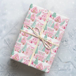 Snowy Pink und Green Christmas Gingerbrett Stadt Geschenkpapier